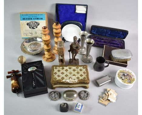 A Collection of Various Curios to include Candlesticks, Pewter vases, Corkscrews, Celtic Butter Curler Etc, Razor Blades, Hip