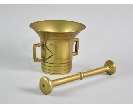 A Late Victorian/Edwardian Heavy Brass Pestle and Mortar Mortar of Trumpet Form with two Handles, 11cms High