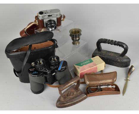 A Collection of Various Vintage Items to Comprise Pair of Swift 10x50 Newport MK II Binoculars, Goose Iron, Flat Iron, Microm
