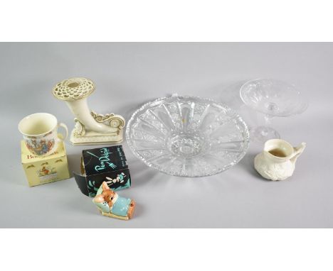 A Collection of Various Glass and Ceramics to Comprise Porcelain Cornucopia with Mask Head and Pierced Top, Relief Jug, Cut G