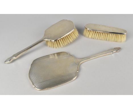 A Silver Three Piece Dressing Table Set by W G Sothers Ltd with Engine Decoration, Birmingham Hallmark