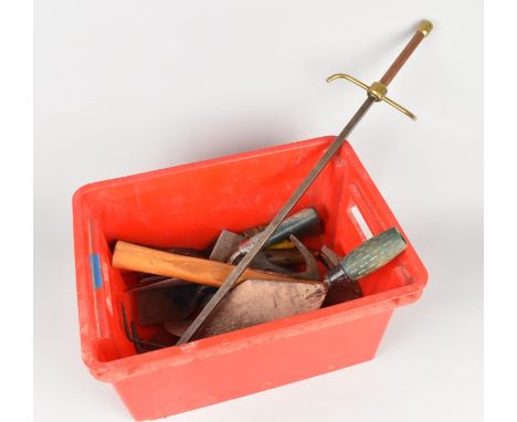 A Plastic Box Containing Various Tools to Include Hammers etc Together with a Fire Poker