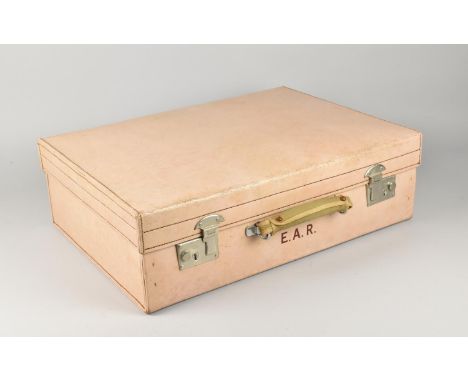 A Vintage Fitted Pink Leather Travelling Suitcase with pull Down Front Monogrammed EAR, 51cms Wide