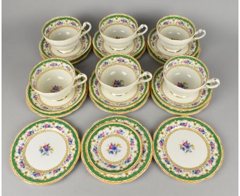 A Paragon Tudor Floral Garland Decorated Tea Set with Green Trim Insets to Comprise Six Cups, Six Saucers, Nine Side Plates a