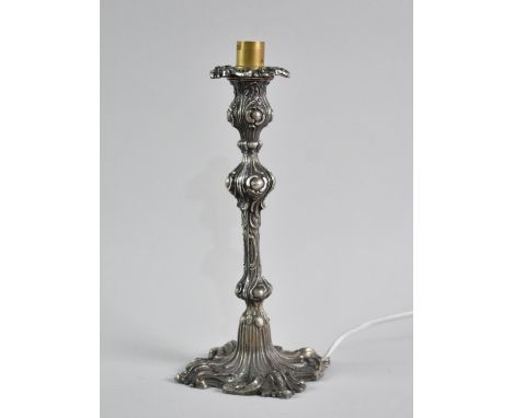 A Late 19th Century Silver Plated Candlestick Converted to Table Lamp Base, 29cms High