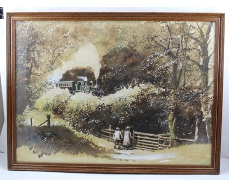 VIC MILLINGTON "Butterflies", depicting children at a field gate with a steam train coming by, a Watercolour, signed and date