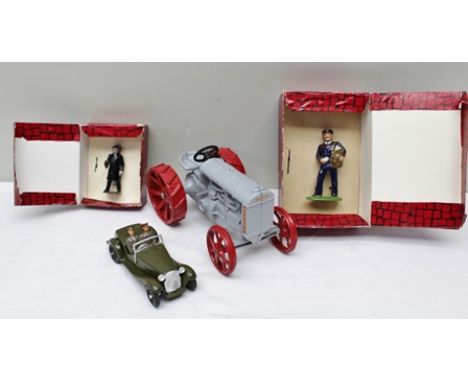 A BRITAINS CAST METAL FIGURE OF A POSTMAN and another of a Country Clergyman together with a Britains Staff Car recastings he