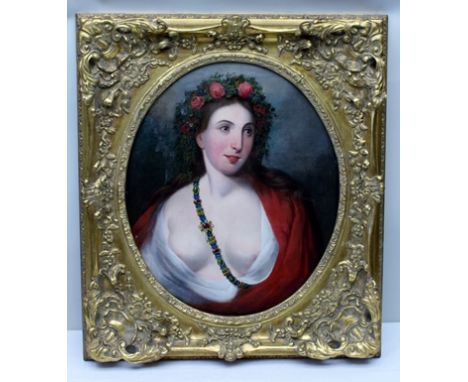 19TH CENTURY EUROPEAN SCHOOL "SUMMER", a bust length portrait of a young woman classically draped, wearing a floral garland i