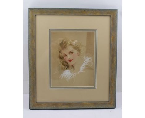 EUROPEAN SCHOOL A portrait study of a young woman wearing bright red lipstick, a Watercolour, 26cm x 20cm mounted in a partia