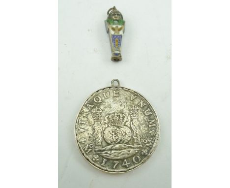 A KING PHILIP V HISPAN SILVER COIN dated 1740, in a plain sterling silver pendant mount, engraved to the edge "Treasure from 