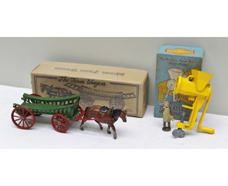 CHARBONS MODEL FARM WAGON FOUR WHEEL CART WITH SHIRE HORSE in OVB, together with a Charbons scale model mincer OVB (2) 