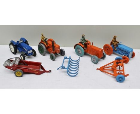 DINKY DIE-CAST MODELS OF AGRICULTURAL VEHICLES including 301 Field Marshall tractor, Massey Harris manure spreader, Leyland t