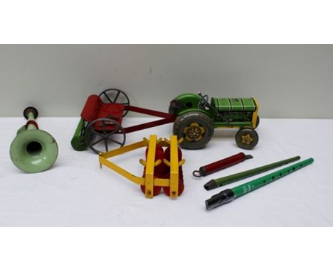 METTOY PLAYTHINGS TINPLATE FARM TRACTOR with trailer, discs and various musical instruments 