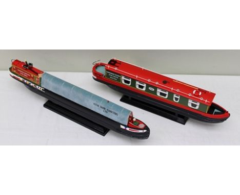 HIGHBANK COLLECTION PAINTED WOOD MODEL BARGE OR CARGO BOAT ON STAND together with a similar Narrow Boat titled The Holiday Bo