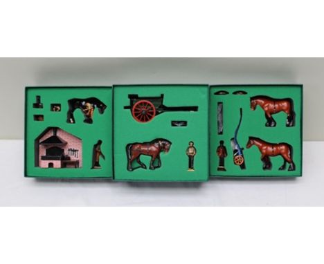 BRITAINS CAST MODEL HOME FARM SERIES including 8706 Forge set, 8704 Plough set and 8707 Tumbrel cart in OVB (3) 