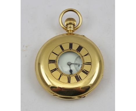 AN EARLY 20TH CENTURY 18CT GOLD CASED HALF-HUNTER POCKET WATCH by J.W. Benson of London, movement back plate engraved and no.