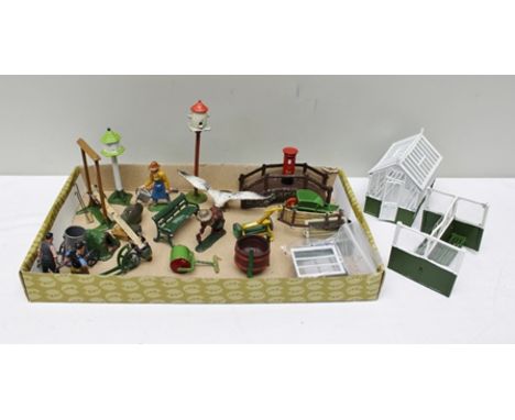 A QUANTITY OF CAST LEAD GARDEN ITEMS mostly workmen, garden roller, small rustic arch bridge, greenhouses, dovecote, bench, s