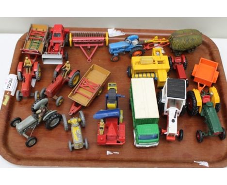 A COLLECTION OF DIE-CAST AGRICULTURAL MODELS to include three Dinky Massey Harris tractors Halesowen Trailer with raves, Dink