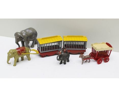 CHARBENS DIE-CAST TOYTOWN CIRCUS MODELS including elephant drawn pair of animal trailers, horse drawn animal trailer, large b