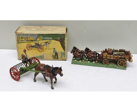 A BRITAINS FARM HORSE RAKE WITH DRIVER 8F in OVB, and a mounted model of a Traveller's Cart with a team of four 