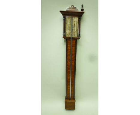 J. CORTI OF LONDON  A 19TH CENTURY MAHOGANY CASED STICK BAROMETER, the caddy top with turned columns framing the engraved pap