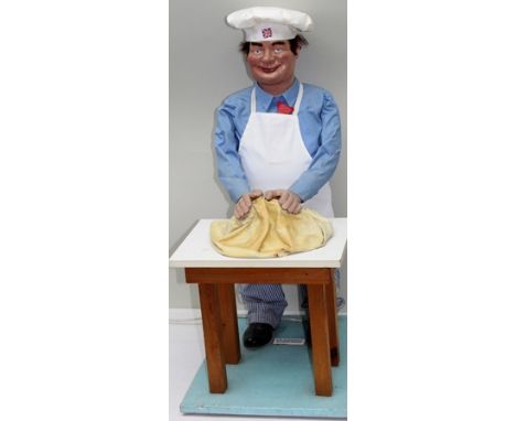 J.H. ANIMATIONS A MODEL OF A PASTRY CHEF, wearing cap and apron, working at a table, raised on a blue painted base, electrica