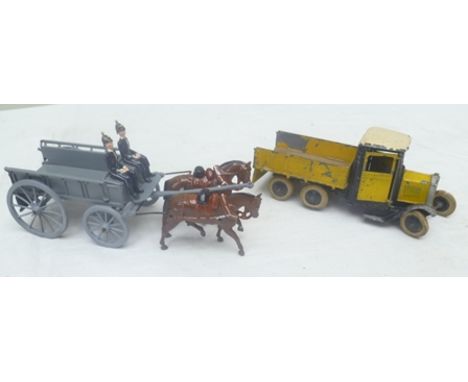 A DIE-CAST MODEL FOUR WHEEL FARM CART together with a pair of bay shires and two grooms, and an early die-cast model of a six