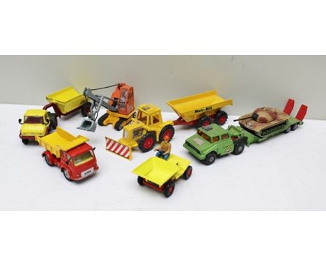 CORGI TOYS BEDFORD TRACTOR UNIT, Unimog 408 trailer, Matchbox low loader with tank boxed, Muirhill 161 dozer and trailer and 