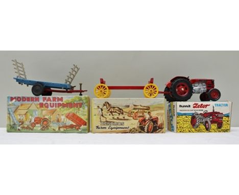 BEMBROS FARM EQUIPMENT TRACTOR LOG CART, and farm equipment no.1089 Rick lifter trailer and HMT precision die-cast scale mode