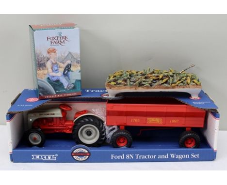 A DIE-CAST ERTL FORD A10 TRACTOR AND WAGON SET 1:16 SCALE together with Foxfire Farm Frank figurine and trailer load, produce