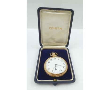 A "ZENITH" EARLY 20TH CENTURY 9CT GOLD OPEN FACE POCKET WATCH, white enamel dial with Arabic numerals and secondary dial, cas