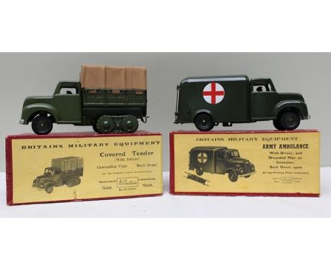BRITAINS MILITARY EQUIPMENT ARMY AMBULANCE with driver and wounded man on stretcher and Covered Tender with driver, Caterpill