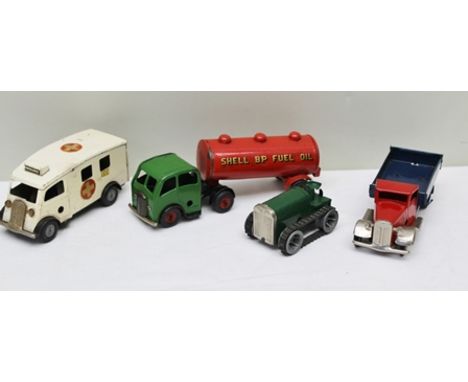TRIANG MINIC TINPLATE CLOCKWORK MODELS including Ambulance, Shell BP articulated fuel tanker, tipper lorry and bulldozer (4) 