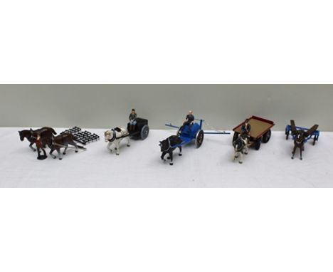 COLLECTION OF CAST HORSE DRAWN FARM MACHINERY MODELS (recent productions) including Water cart, Sprayer, R & B cart, Broadcas