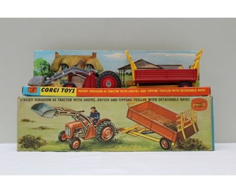 CORGI TOYS GIFT SET NO.32 MASSEY FERGUSON 65 TRACTOR with shovel, driver and tipping trailer with detachable raves in OV disp