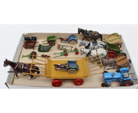 A QUANTITY OF CAST PAINTED LEAD & DIE-CAST HORSE DRAWN CARTS, tractor, lawn mower, wheelbarrow, mower and varous agricultural
