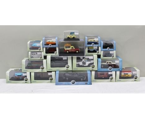 A COLLECTION OF OXFORD DIE-CAST COMMERCIALS, AUTOMOBILES, ETC including nine 1:76 scale caravans, ambulance, tractor, icecrea