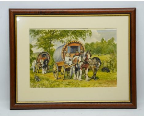 D.M & E.M Alderson (British 20th century); Two bow top caravans in a rural landscape, watercolour, signed and dated 1981, 27c