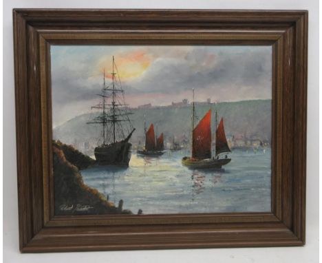 Robert Sheader (British 20th century); Fishing and other sail boats off Whitby by moonlight, Abbey beyond, oil on board signe