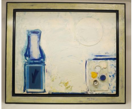 George Hainsworth (British Contemporary); 'Blue Vase and Moon', oil on board with collage, in floating frame, inscribed and t