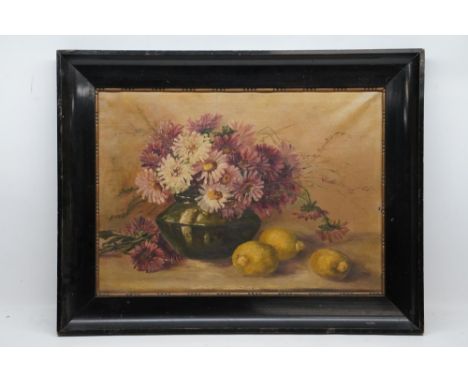 English School (20th century); Still life study of Chrysanthemums in a vase and lemons, 40cm x 58cmShipping £68.00 plus vat (