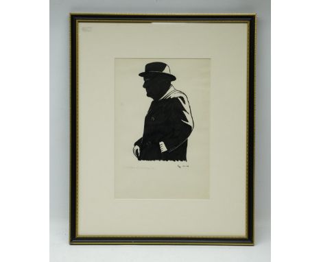 English School (20th century); ‘W.S.C. looking at bomb damage 1941’, pen & ink silhouette, signed with initials G.H.M. and da