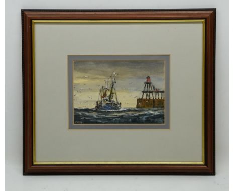 Jack Rigg (British 1927-2023); Whitby fishing boat outside the harbour, watercolour heightened with white, signed, 12cm x 17c
