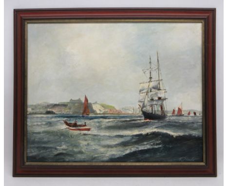 Robert Sheader (British 20th century); Fishing, other sail boats and a row boat off Scarborough, oil on board, signed, 39cm x