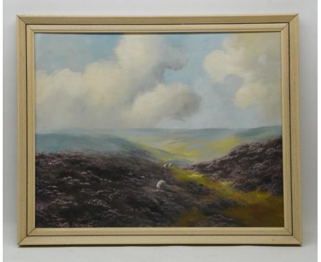 Lewis Creighton (British 1918-1996); Sheep in a moorland landscape, oil on board, signed, 39cm x 49cmShipping £58.00 plus vat