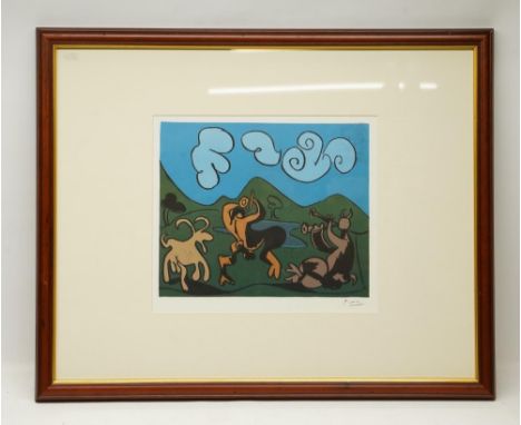 After Pablo Picasso (Spanish 1881-1973); 'Bacchanal and Flute Player', off-set lithograph from the original linocut, 30cm x 3