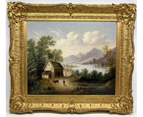 Continental School (19th century style); Cattle drovers by a cottage in a lakeside landscape, oil on board, 48cm x 59cmShippi