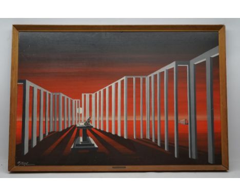 David Hinge (1932-); Surrealist landscape with Sundial, oil on board, signed and with artist plaque on frame, 60cm x 91cmShip