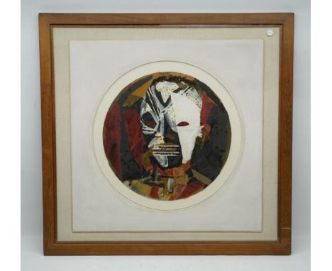 Lucy M Hainsworth (British Contemporary); Head and shoulder portrait, watercolour and collage, tondo, signed,  50cm x 50cmShi