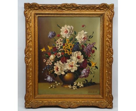 James North (British 20th century); Dutch style still life study of flowers in a vase, oil on canvas, signed, 50cm x 40cm 65c
